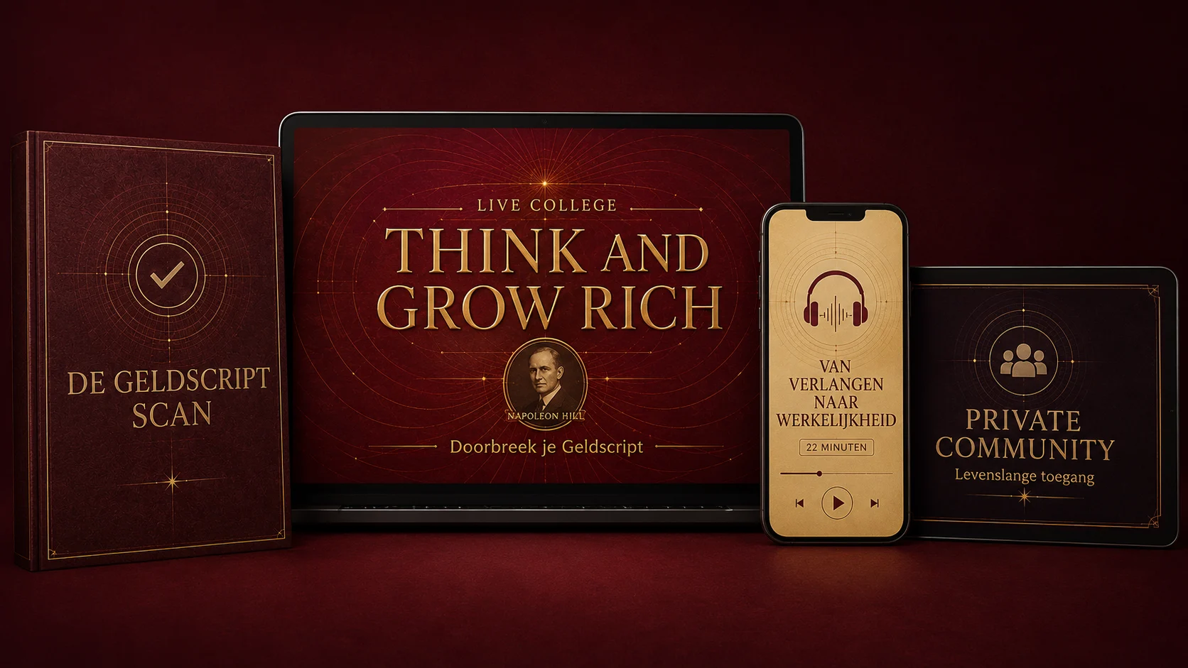 Mock-up van het Think and Grow Rich live college, de Geldscript Scan, de visualisatie Van Verlangen naar Werkelijkheid en de private community.